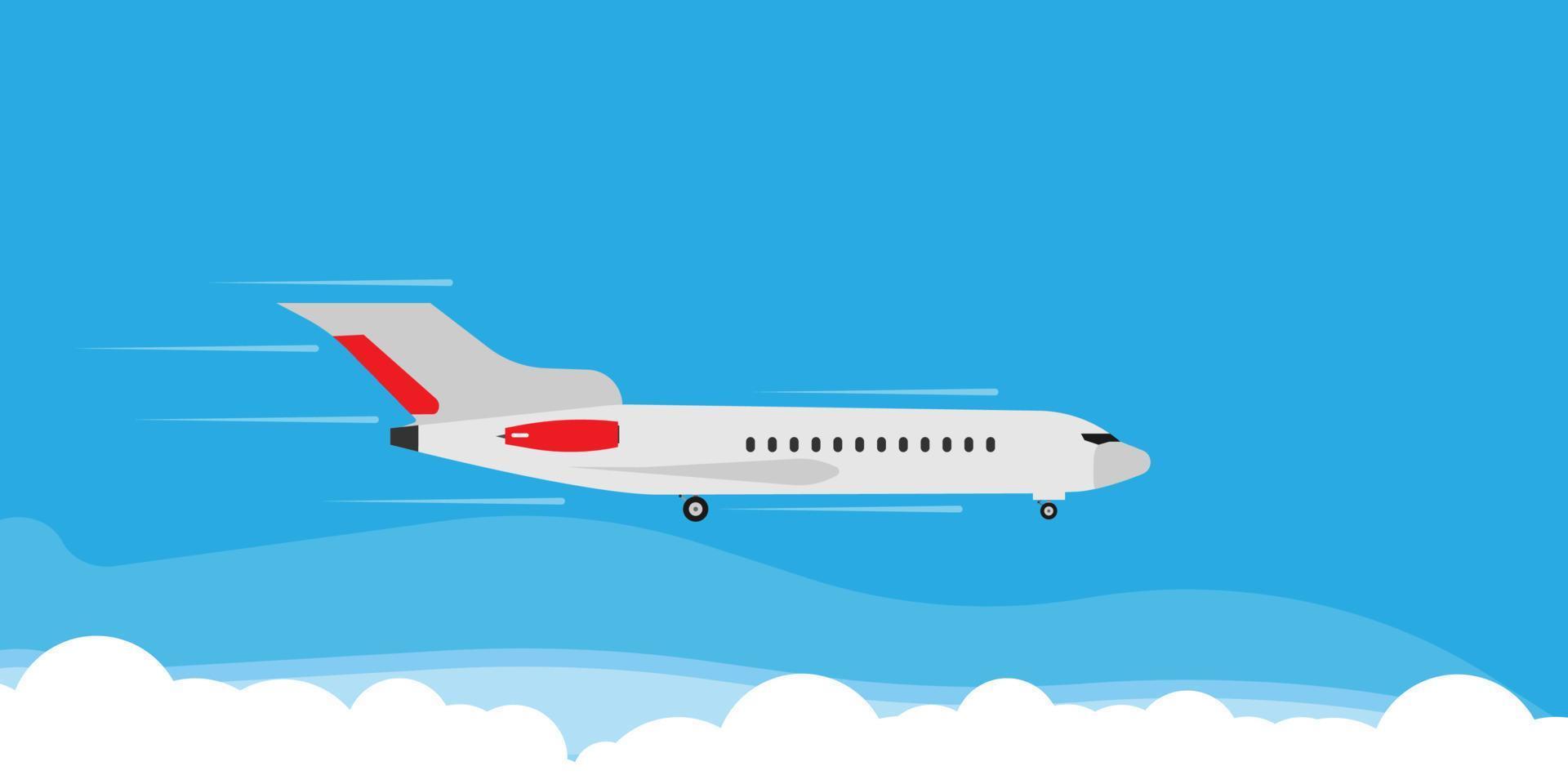 Plane fly in cloud sky illustration banner concept. Travel tourism jet direction holiday flat. Cartoon commercial passenger vehicle vector