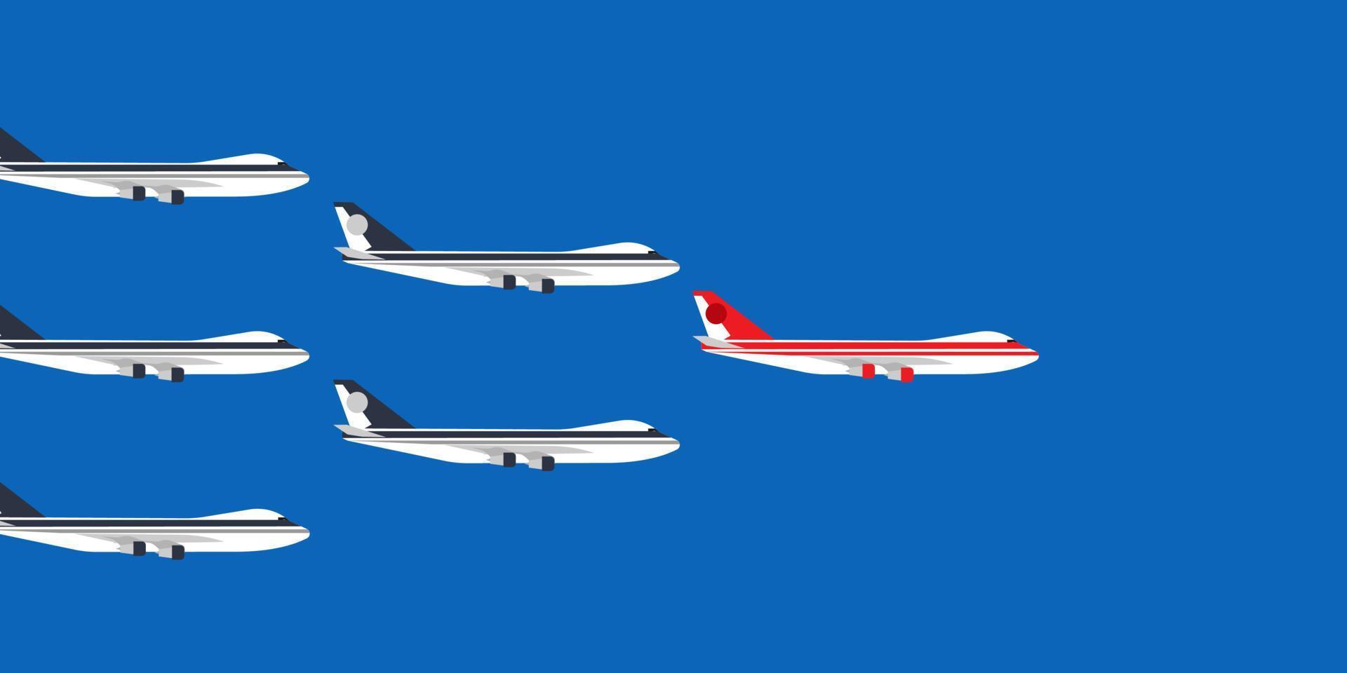 Red leader plane business concept vector illustration. Flying direction vision follow group team. Different ambition unique forward