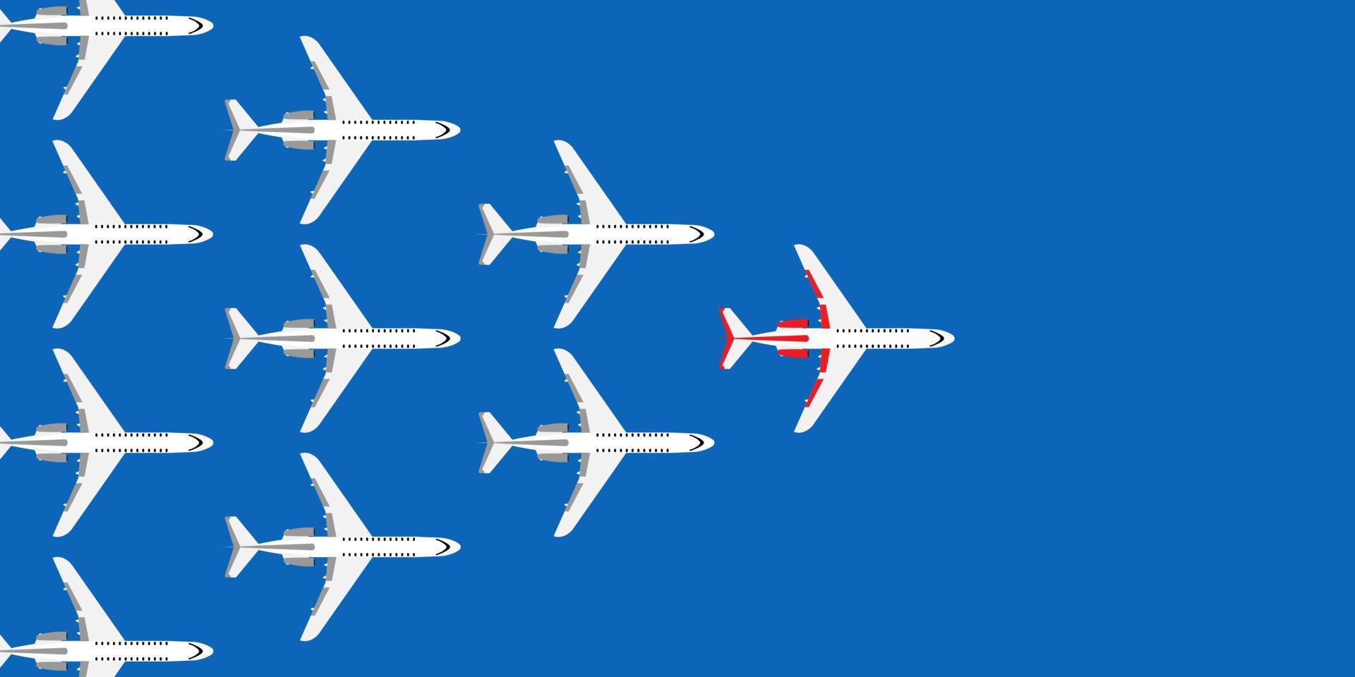 Red leader plane business concept vector illustration. Flying direction vision follow group team. Different ambition unique forward