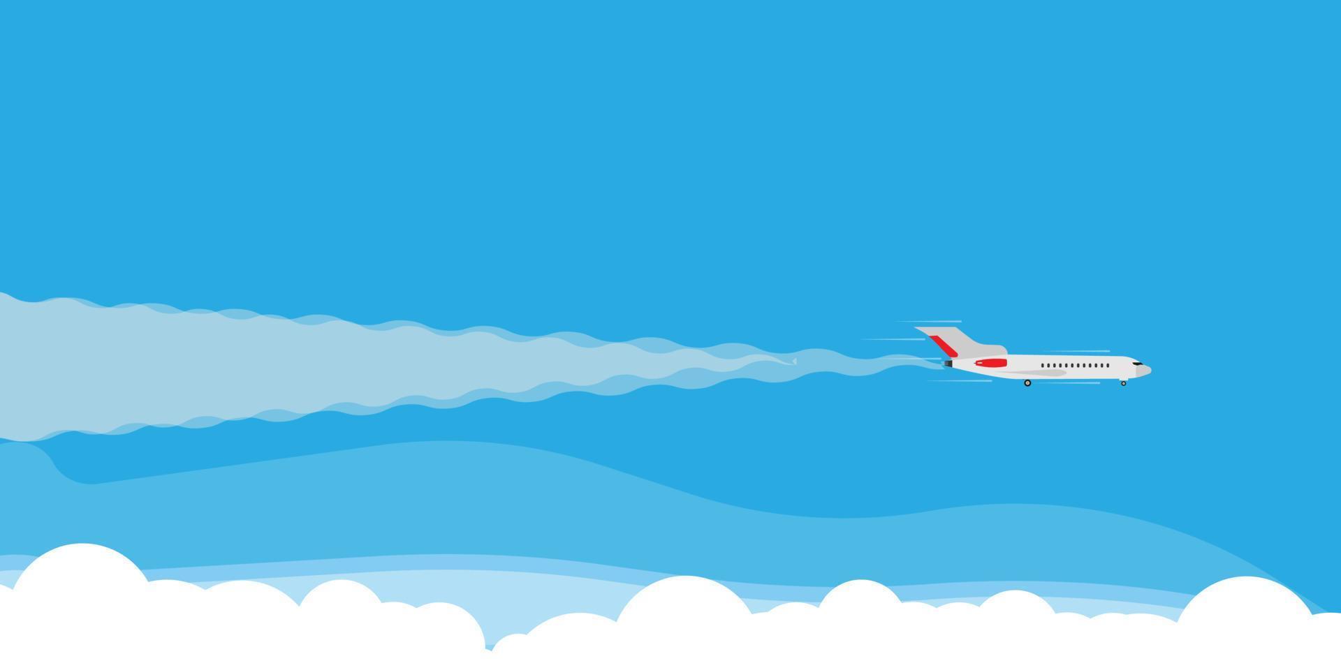 avión vuela en el concepto de banner de ilustración de cielo de nubes. viajes turismo jet dirección apartamento de vacaciones. vehículo comercial de pasajeros de dibujos animados vector