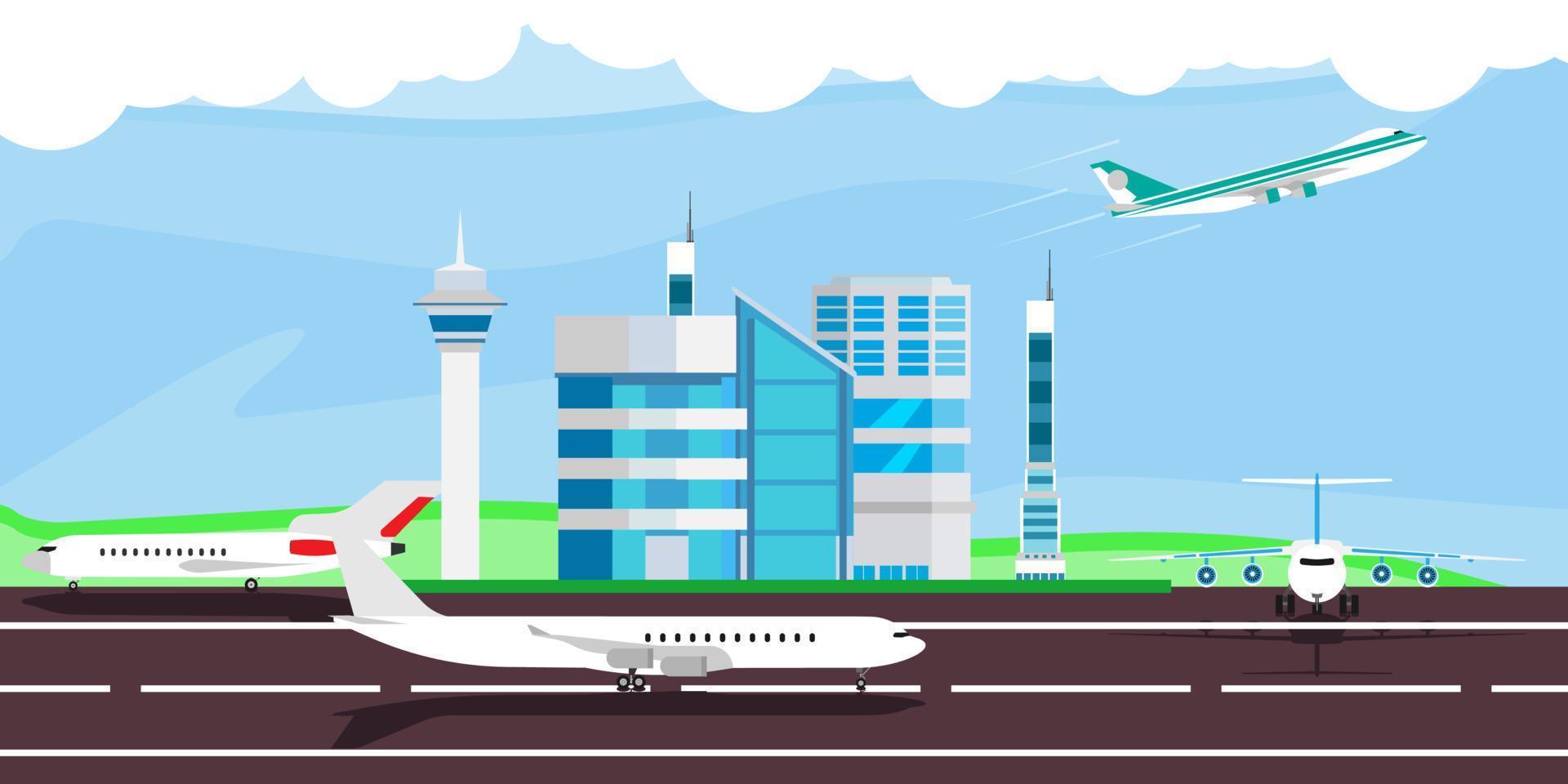 Airport vector illustration arrival departure travel. Terminal airplane control building. Flat architecture banner security station customs trip. Flight air sky concept