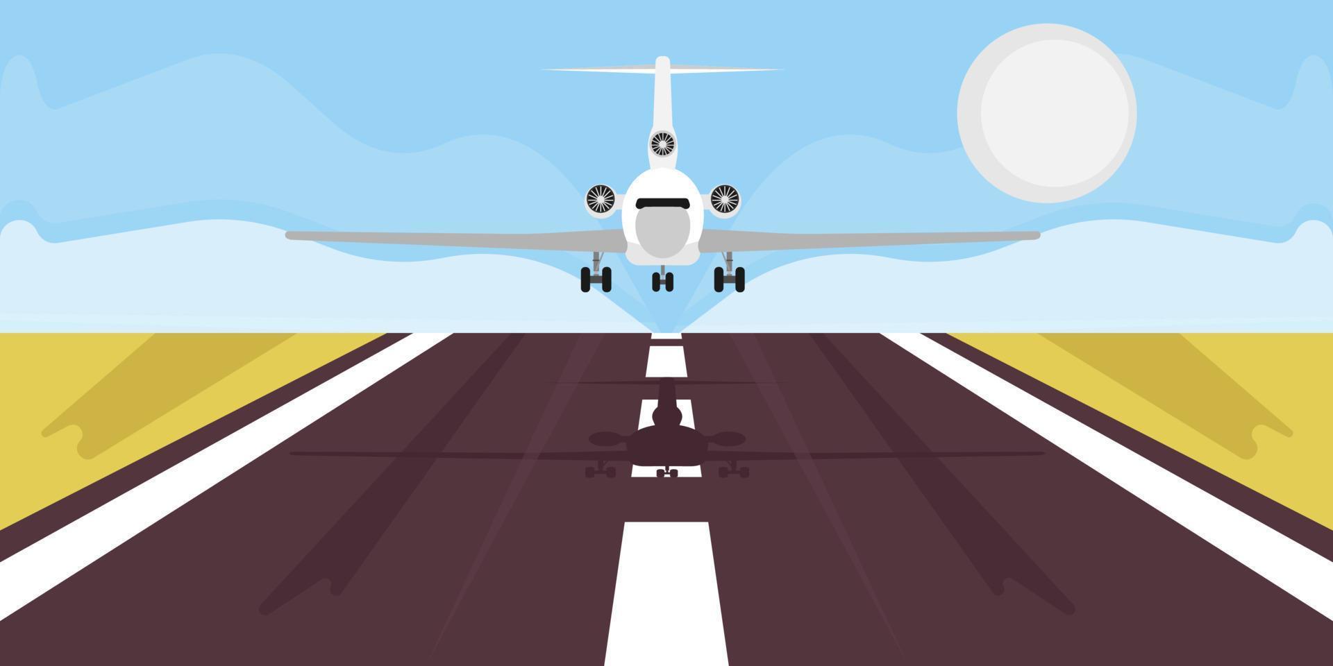 Airplane landing illustration travel vacation vector. Business trip boarding airline departure. Holiday tour journey summer flat vector