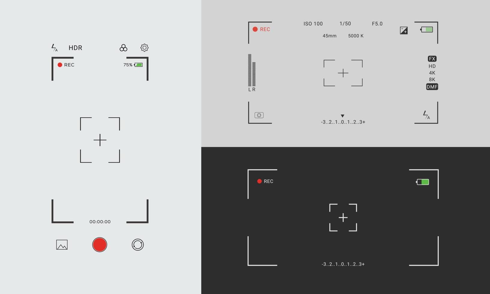 Camera viewfinder set, Screen With Settings And Record. focus zoom, battery status, video quality, image stabilization, vector. EPS 10 vector
