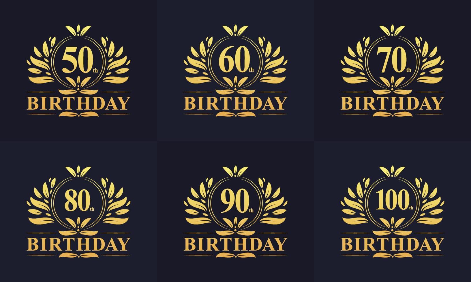 Vintage Retro Birthday logo set. Luxurious golden birthday logo bundle. 50th, 60th, 70th, 80th, 90th, 100th happy birthday logo bundle. vector