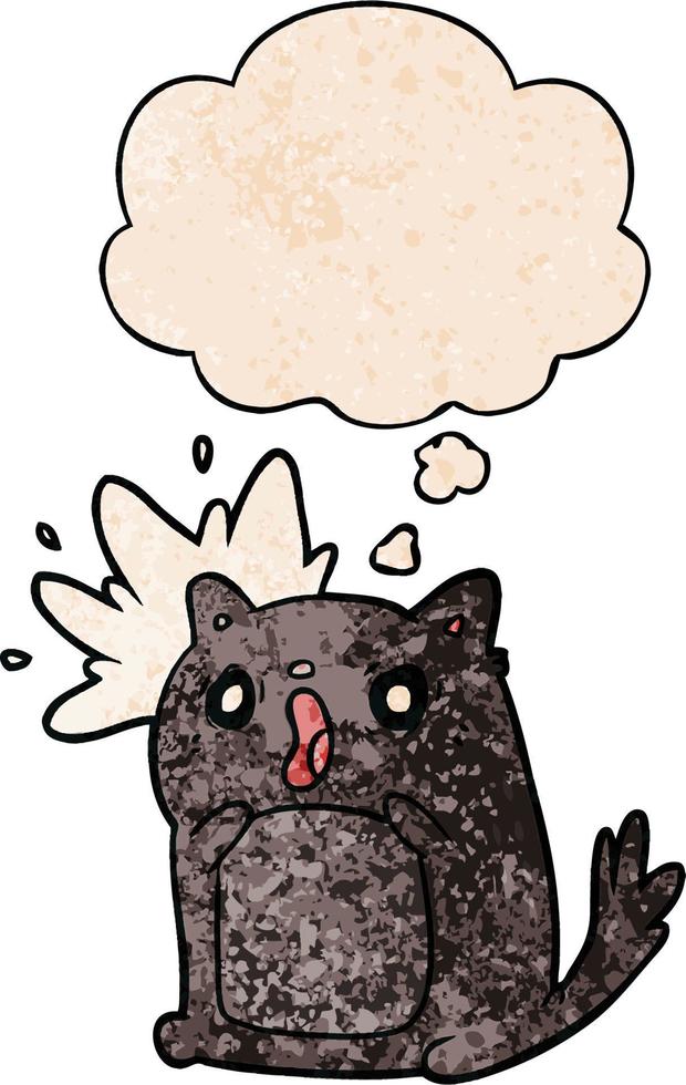 cartoon shocked cat and thought bubble in grunge texture pattern style vector