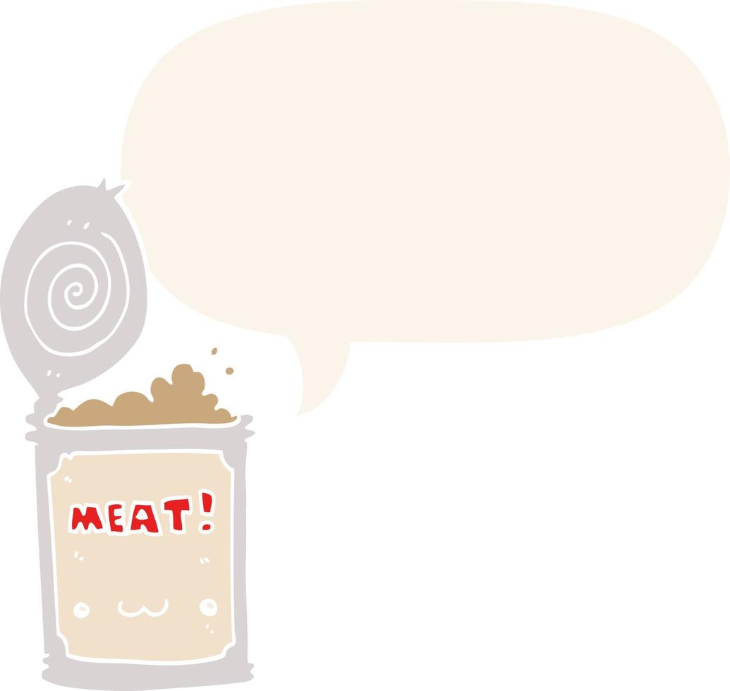 cartoon canned food and speech bubble in retro style vector