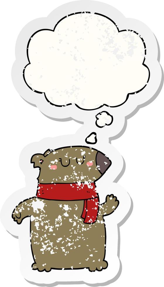 cartoon bear with scarf and thought bubble as a distressed worn sticker vector