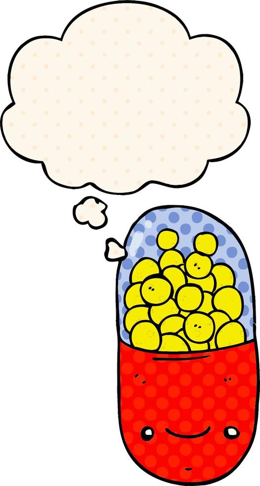 cartoon pill and thought bubble in comic book style vector