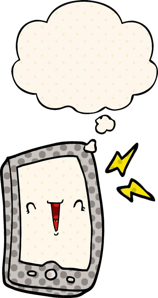 cute cartoon mobile phone and thought bubble in comic book style vector