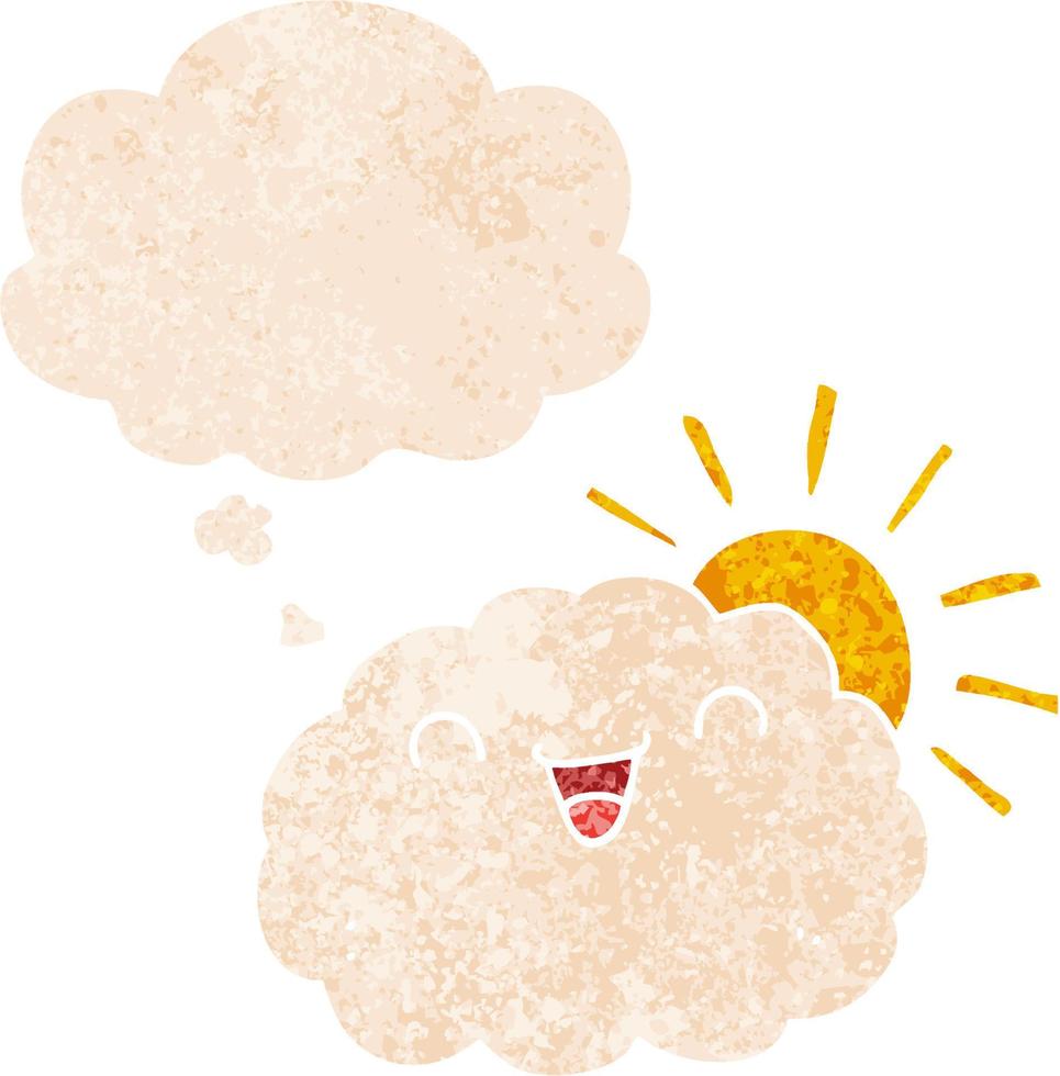 nube de dibujos animados feliz y burbuja de pensamiento en estilo retro texturizado vector