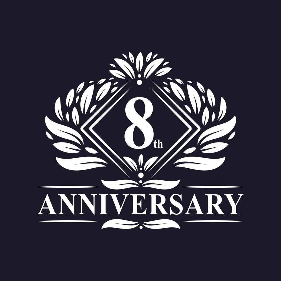 Logotipo de 8 años de aniversario, logotipo floral de lujo del 8º aniversario. vector