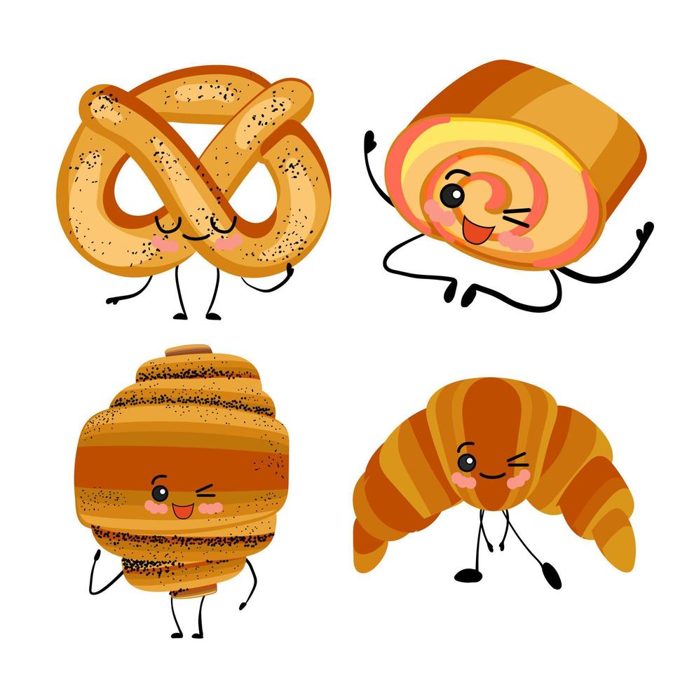 conjunto de personajes de panadería dulce. rollo de croissant, bagel, bollo y galleta. vector