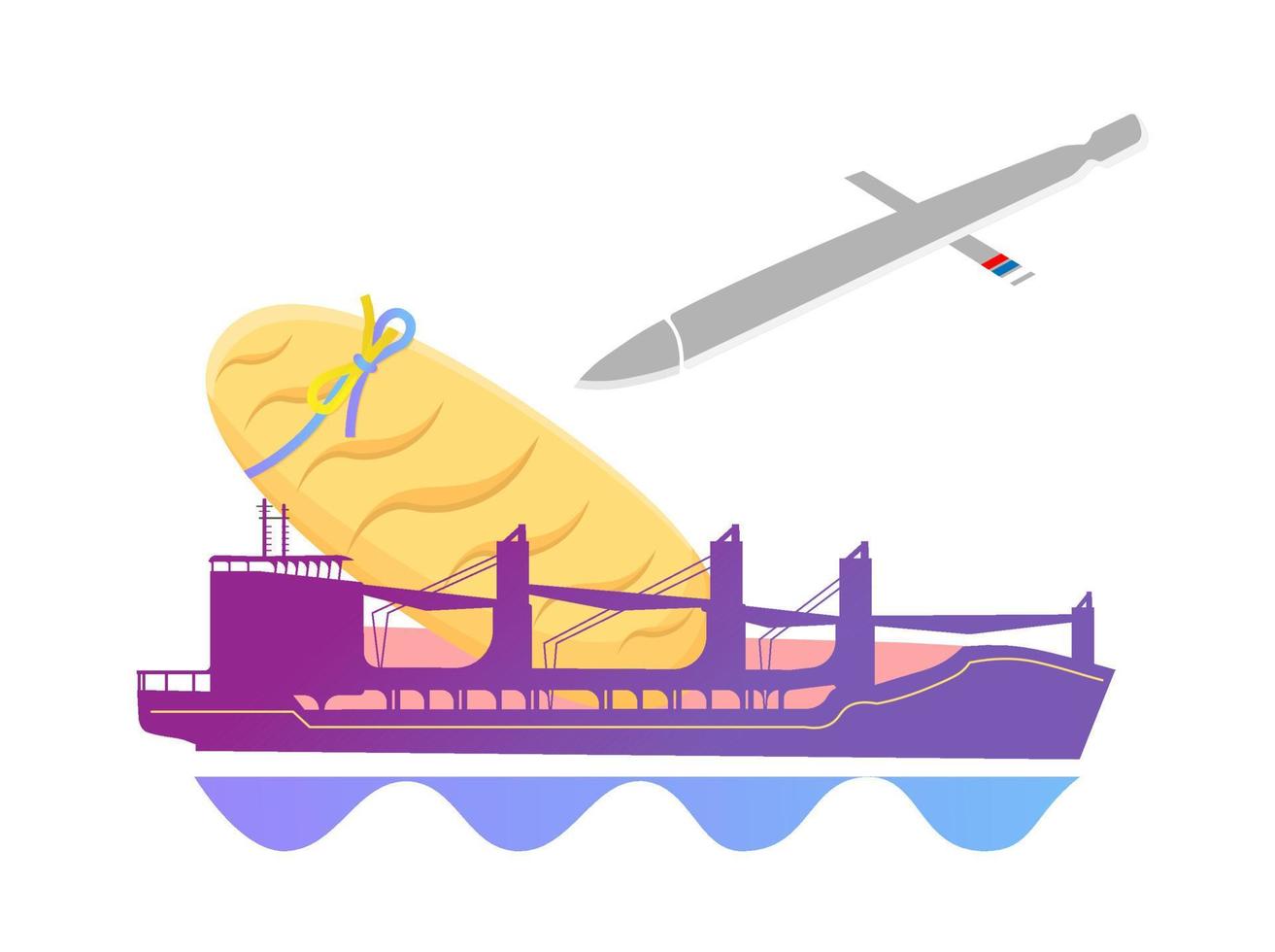 Grain blockade in Ukraine. Attack on a ship with grain.Ukrainian bread. Loaf of bread with Ukrainian ribbon. Vector illustration