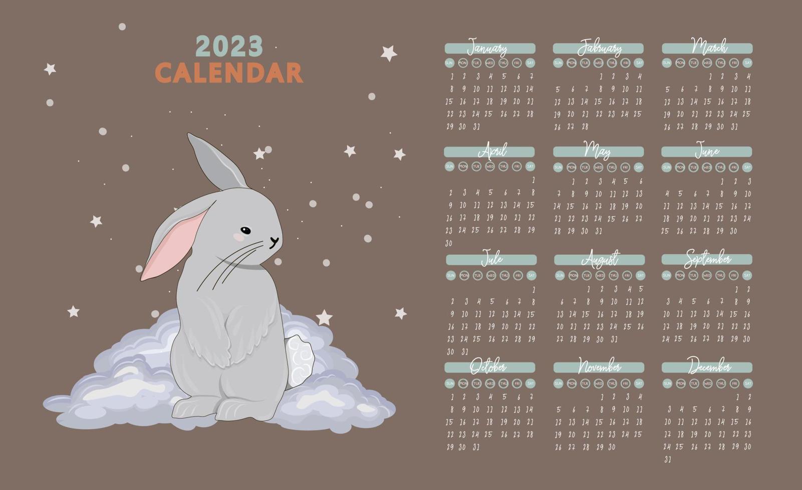 Calendar 2023 with cute rabbits. children s poster. Year of the cat and rabbit. Symbol of 2023. Vector illustration in trendy colors.