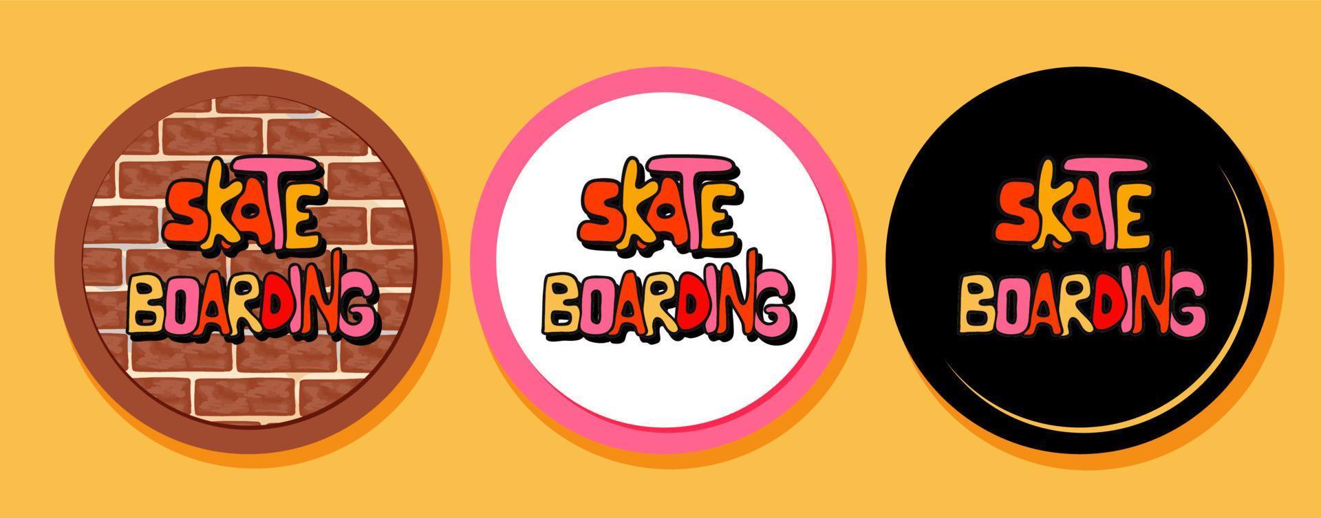 Round stickers on the theme of skateboarding. Skateboarding day. Youth street sports. Board with wheels for driving down the street. vector