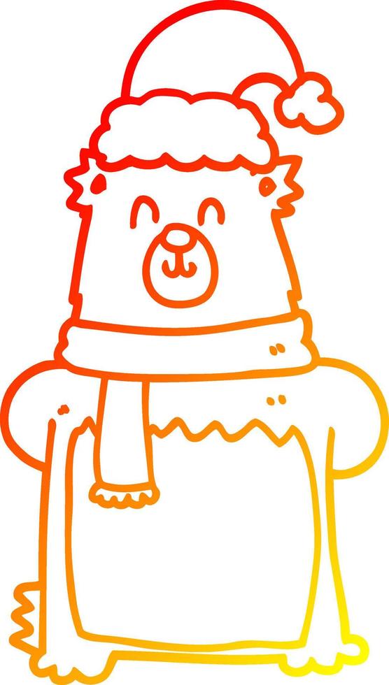 warm gradient line drawing cartoon bear wearing christmas hat vector