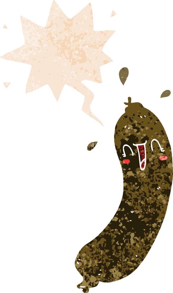 happy cartoon sausage and speech bubble in retro textured style vector
