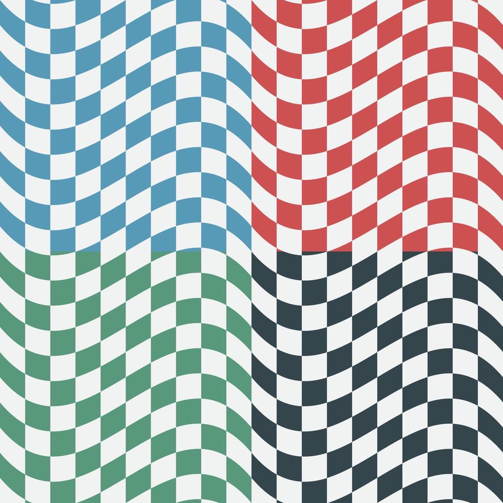 Set of Multi Color Waving Flag Checkers Background Designs. Four Square Checkered Seamless Patterns of Red, Green, Blue and Black Color. Modern Dynamic Textures for Digital, Print And Web Design. vector