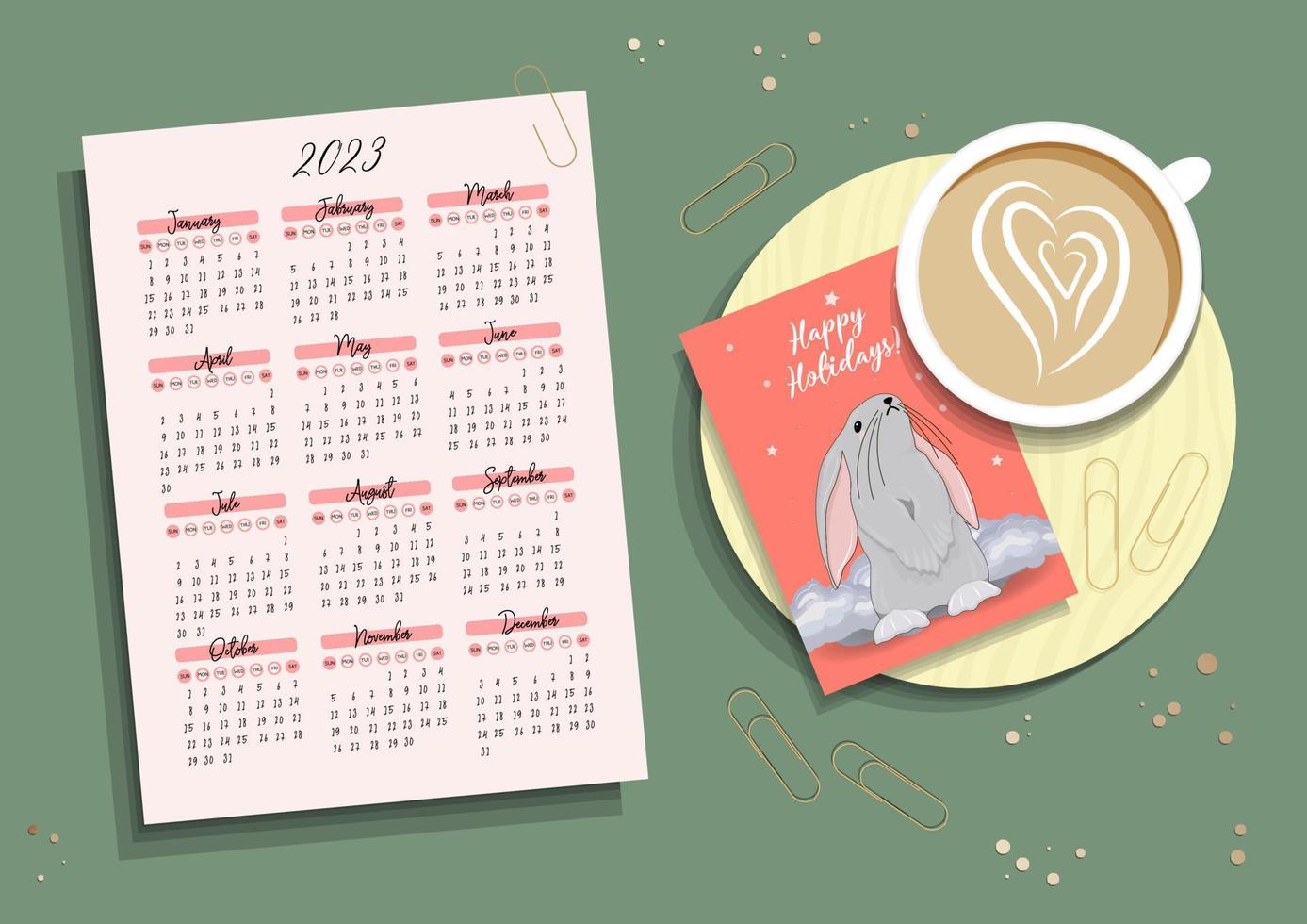 Calendar 2023 with cute rabbits. children s poster. Year of the cat and rabbit. Symbol of 2023. Vector illustration in trendy colors.