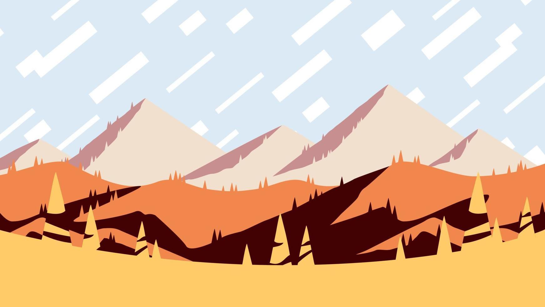 Fall Season At The Mountains, Flat Design Landscape Poster Artwork. Warm Autumn Sunset Over The Yellow Hills Poster, Horizontal Vector Illustration.