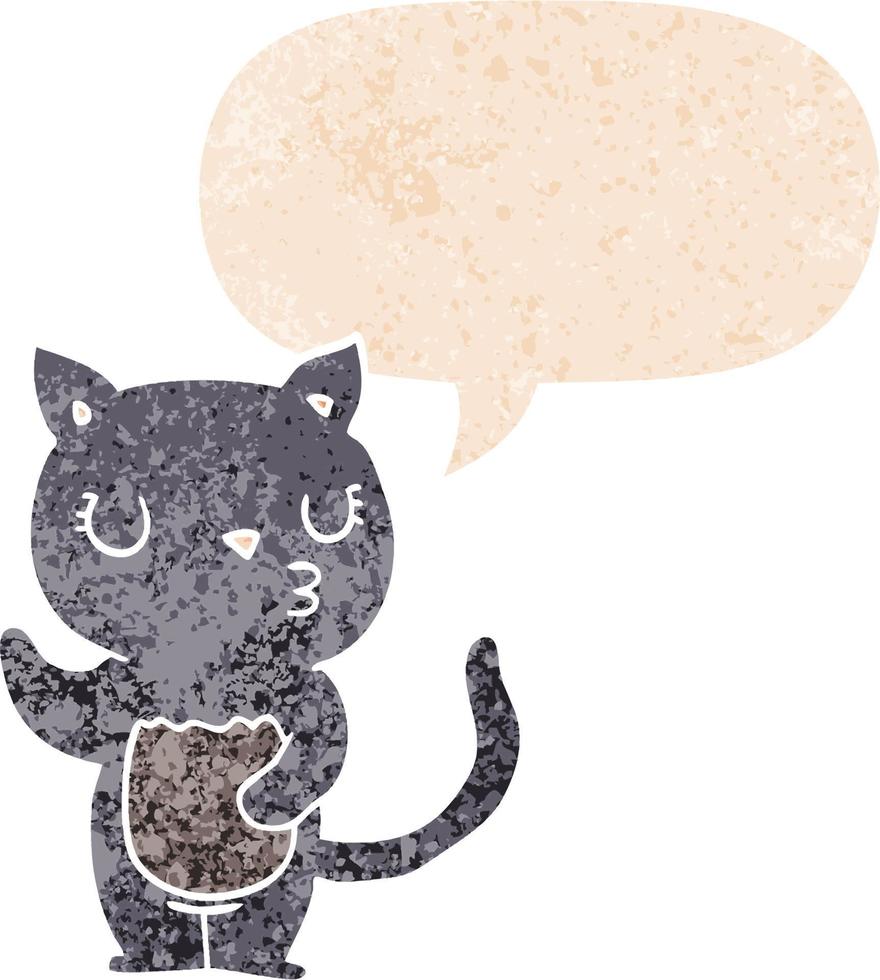 lindo gato de dibujos animados y burbuja de habla en estilo retro texturizado vector