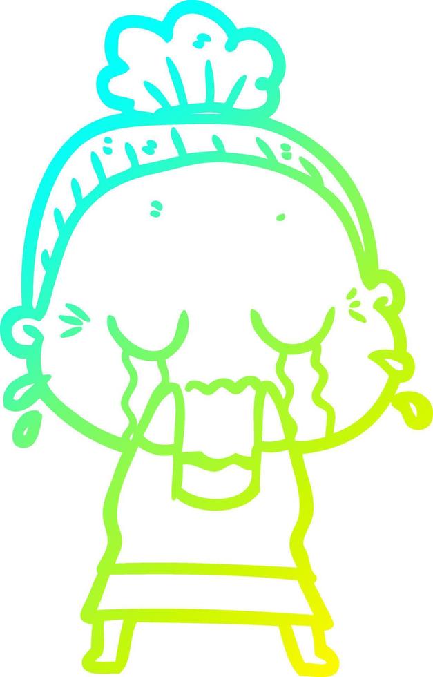 cold gradient line drawing cartoon crying old lady vector