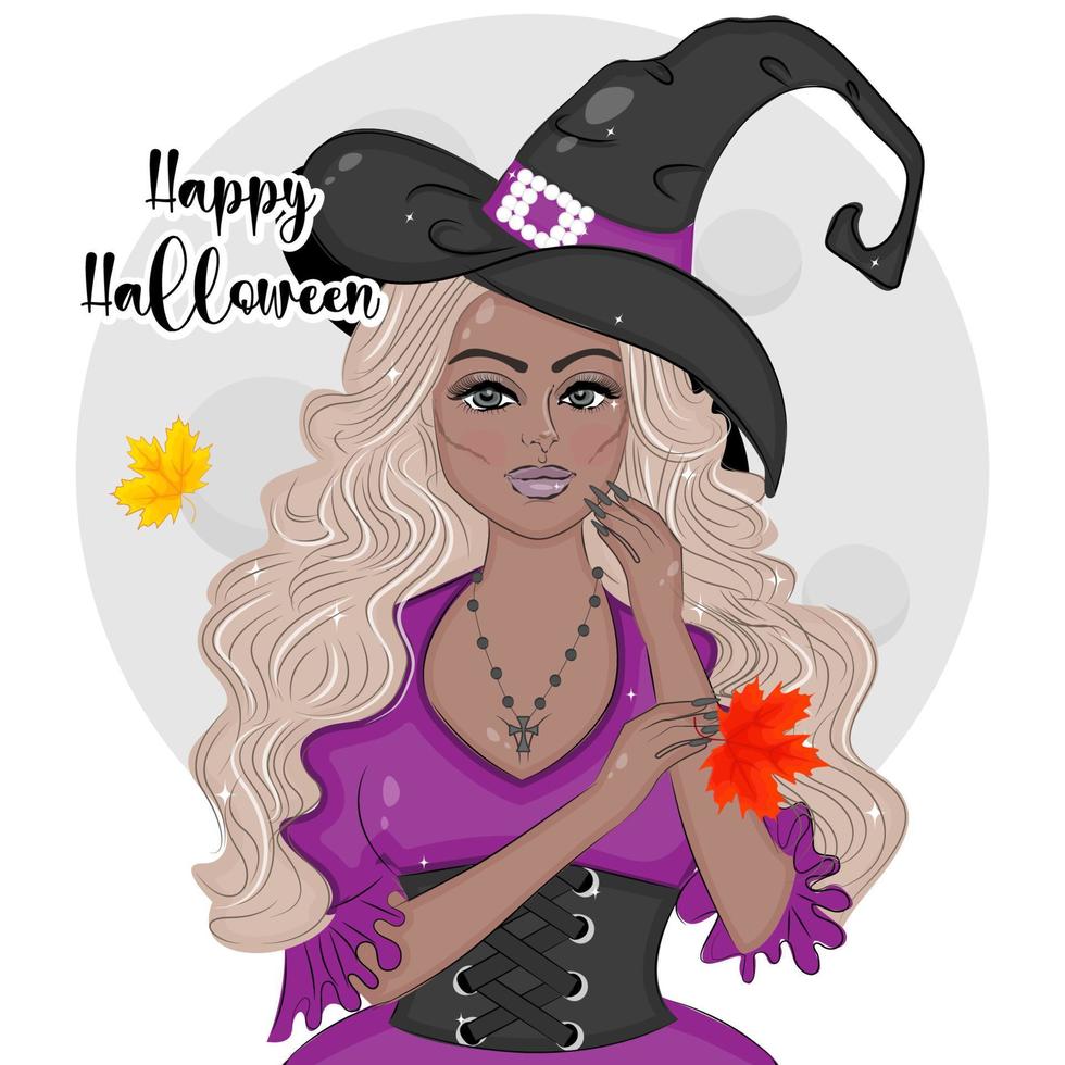 vacaciones de halloween hermosa bruja rubia en un sombrero contra la luna, impresión de ilustración de vector de moda