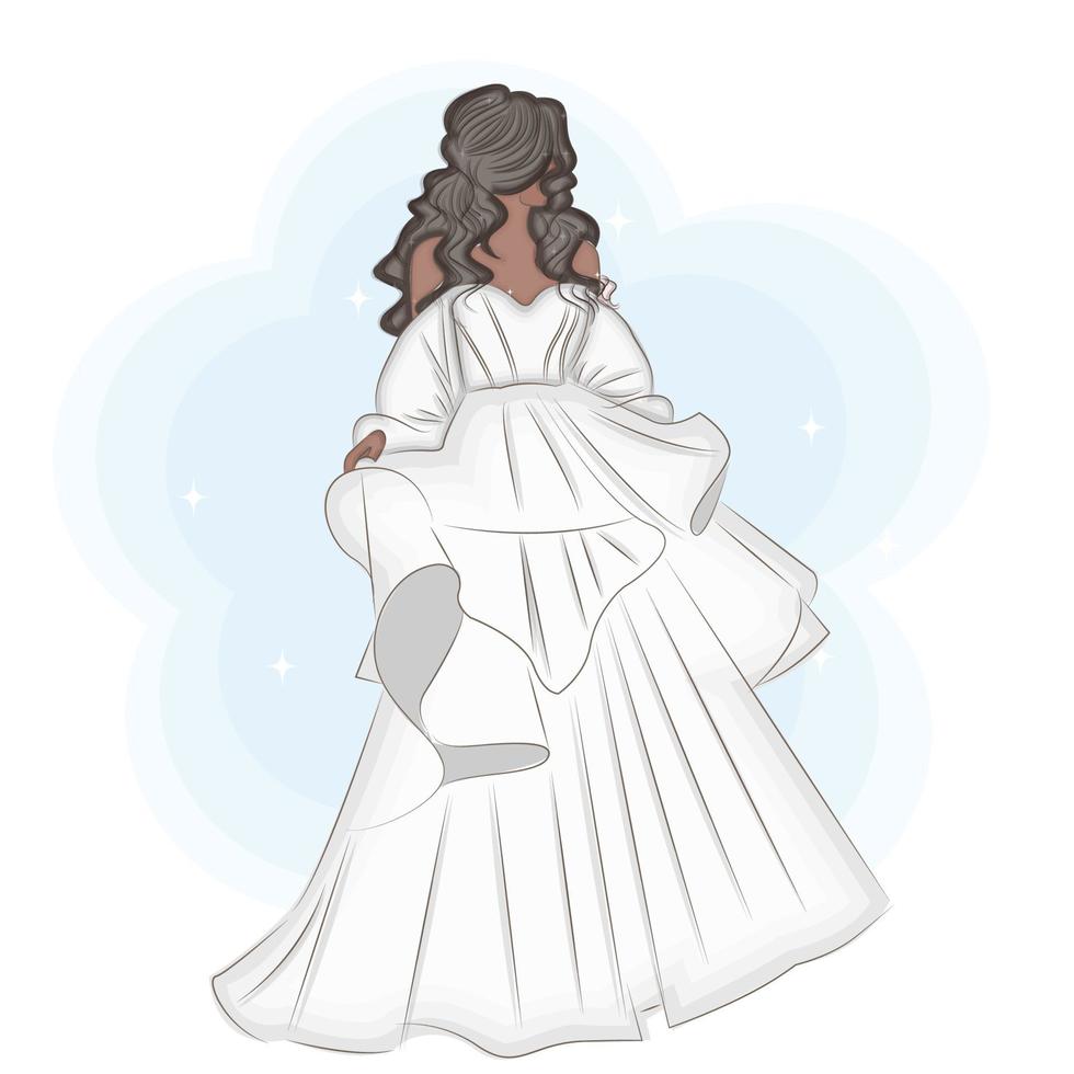 hermosa novia en un magnífico vestido de novia, ilustración de vectores de moda de boda, invitación, postal