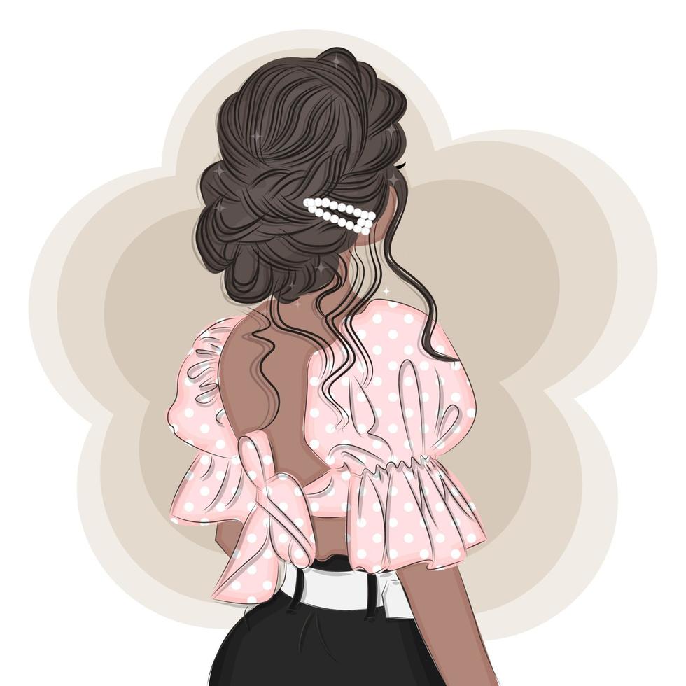morena de moda en una blusa de espalda abierta con horquillas, con un peinado elegante, ilustración de vector de moda impresa