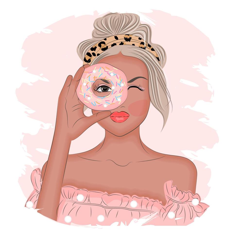 Trendy blonde girl looking through a donut, trendy vector illustration print on textiles