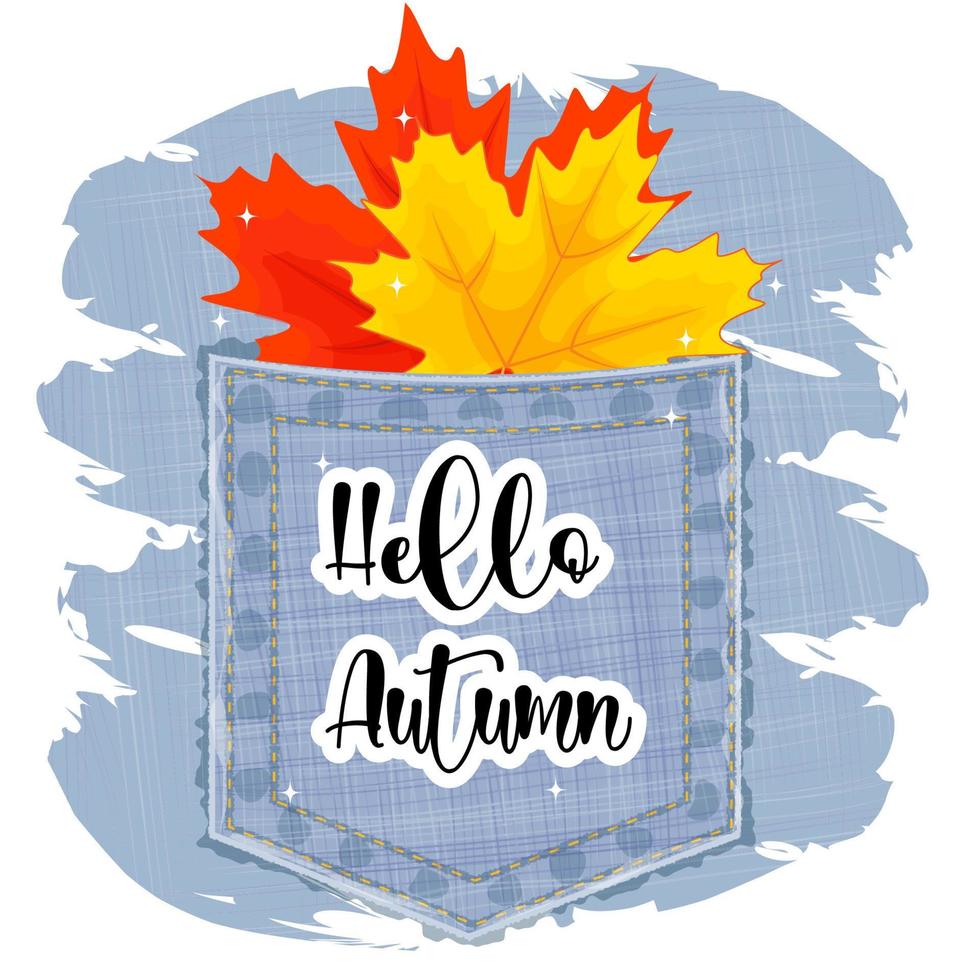 Hello Autumn, Lettering, Autumn leaves in jeans pocket, vector illustration, print