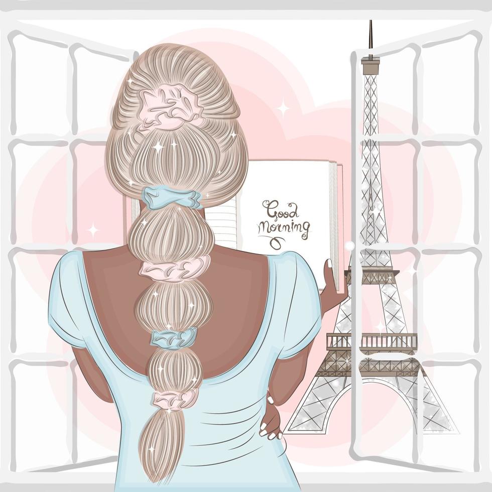 rubia de moda leyendo un libro frente a la torre eiffel y la ventana, vista trasera, ilustración vectorial vector