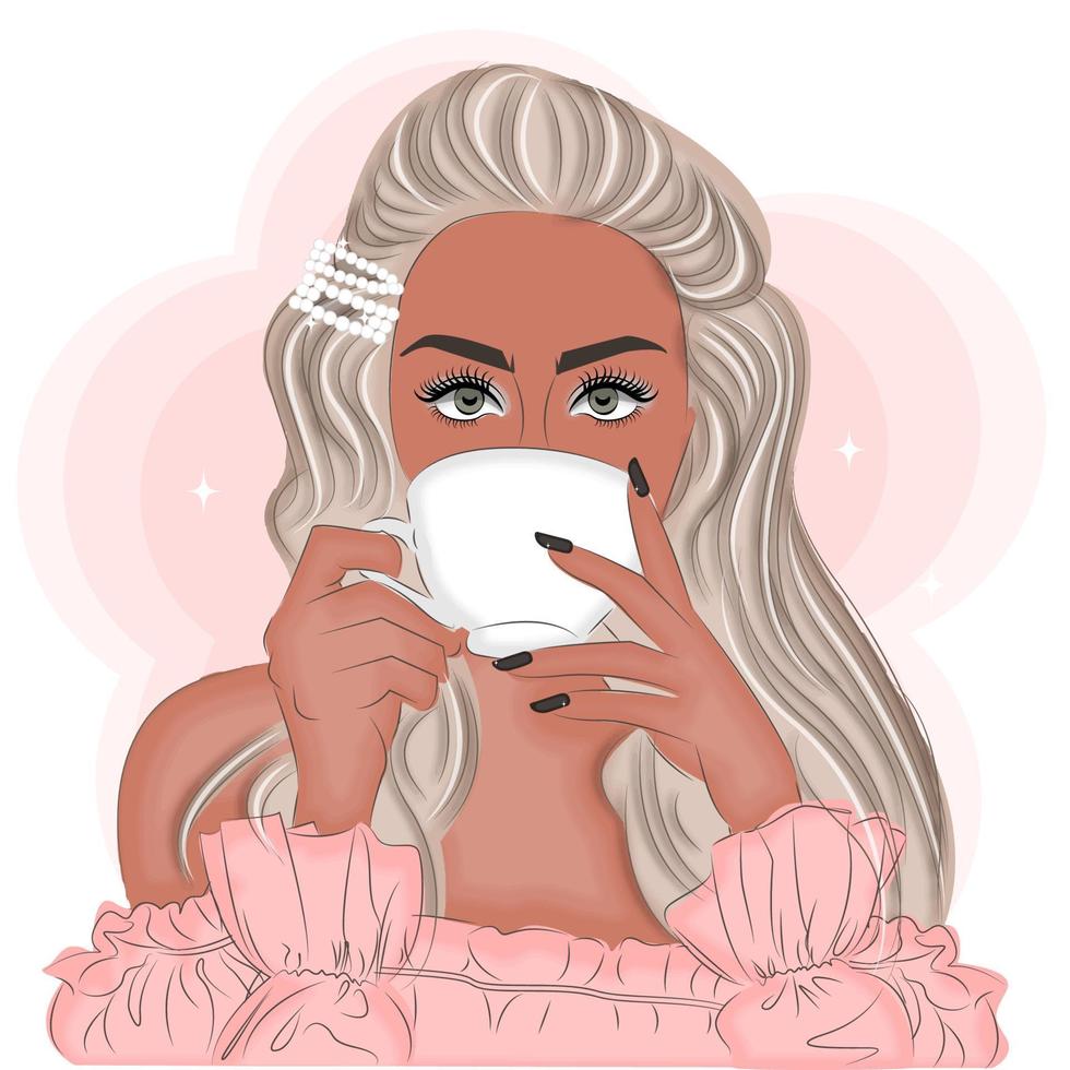 joven rubia y una taza de café, o té, impresión de ilustración vectorial de moda vector