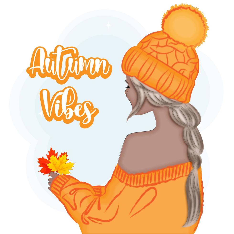 Autumn, blonde holding leaves, back, fashion, vector illustration, print