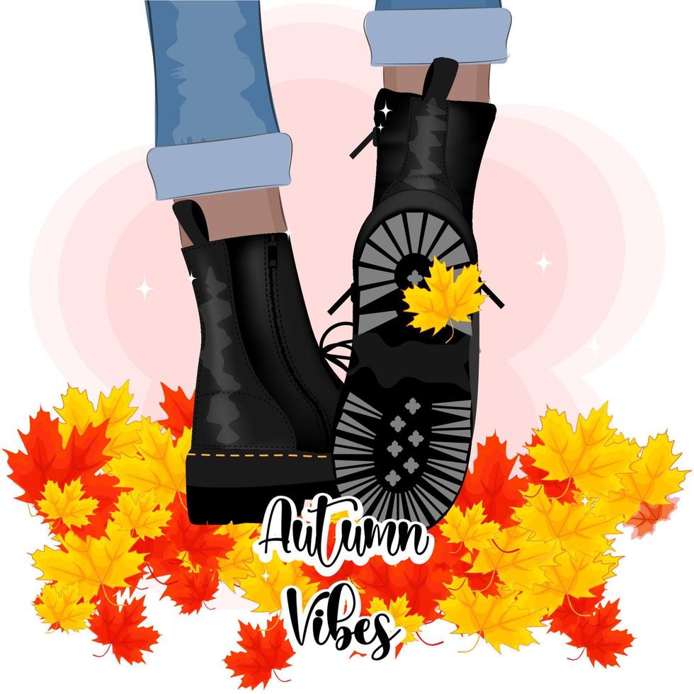 Autumn vibes,Women's boots in foliage, autumn maple leaves, vector illustration