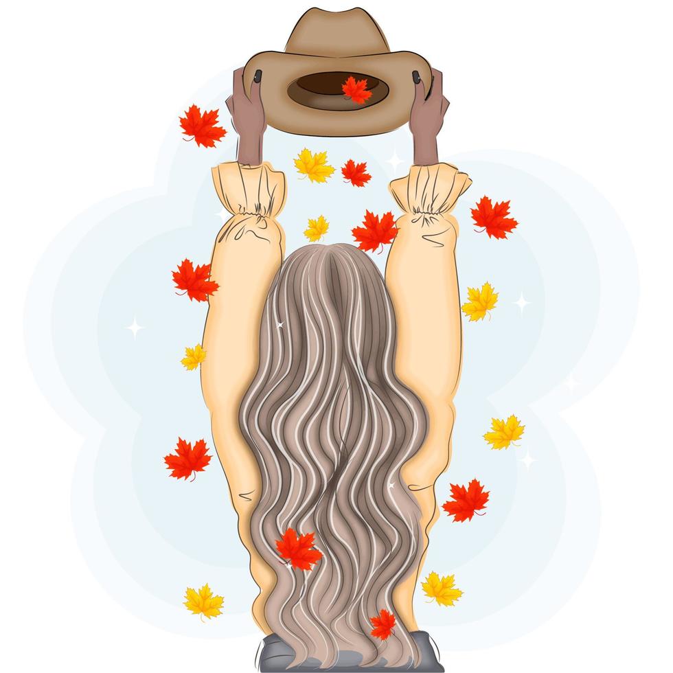 chica con sombrero y hojas de otoño, moda, ilustración vectorial vector