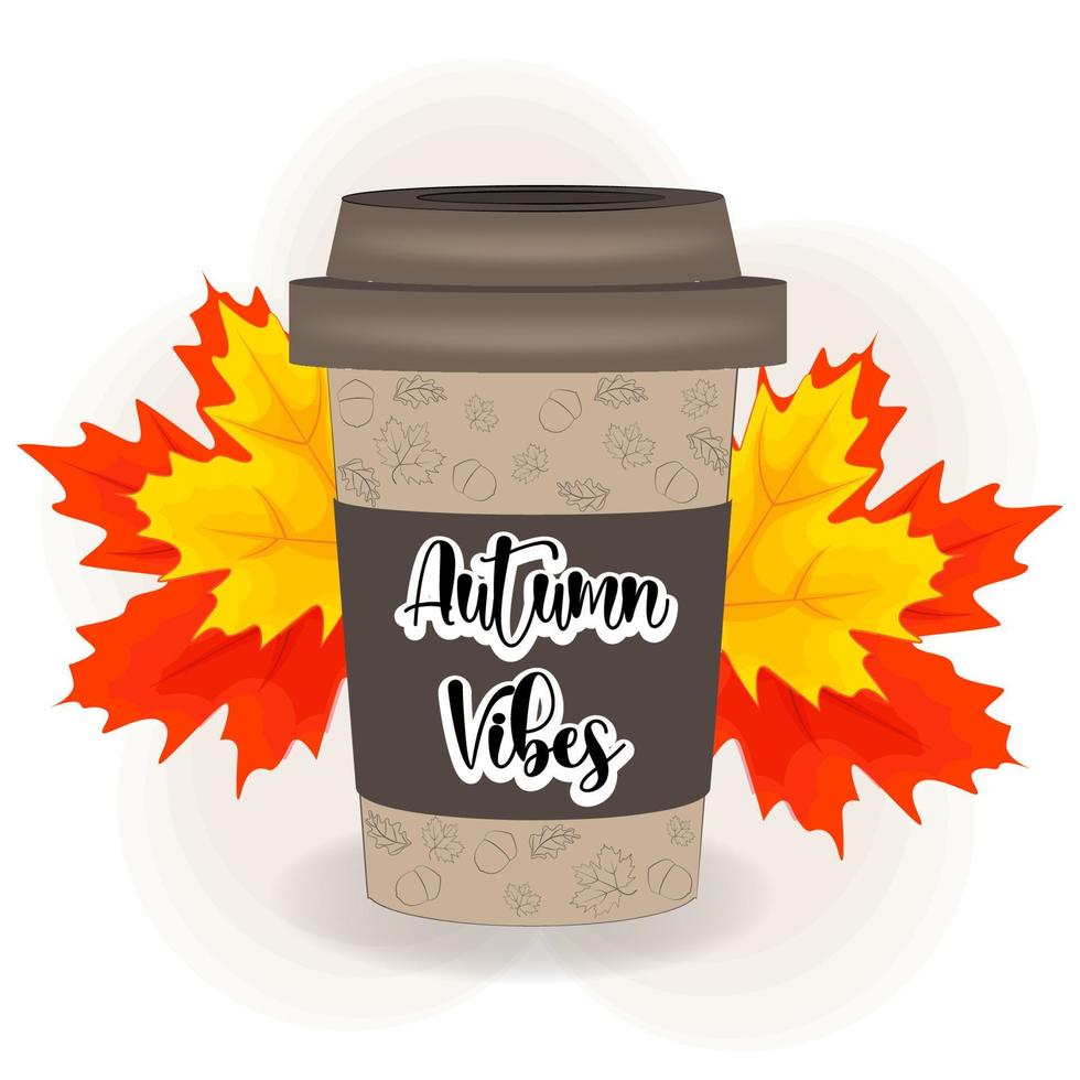 taza de café de cartón y hojas de otoño.imprimir,ilustración vectorial vector