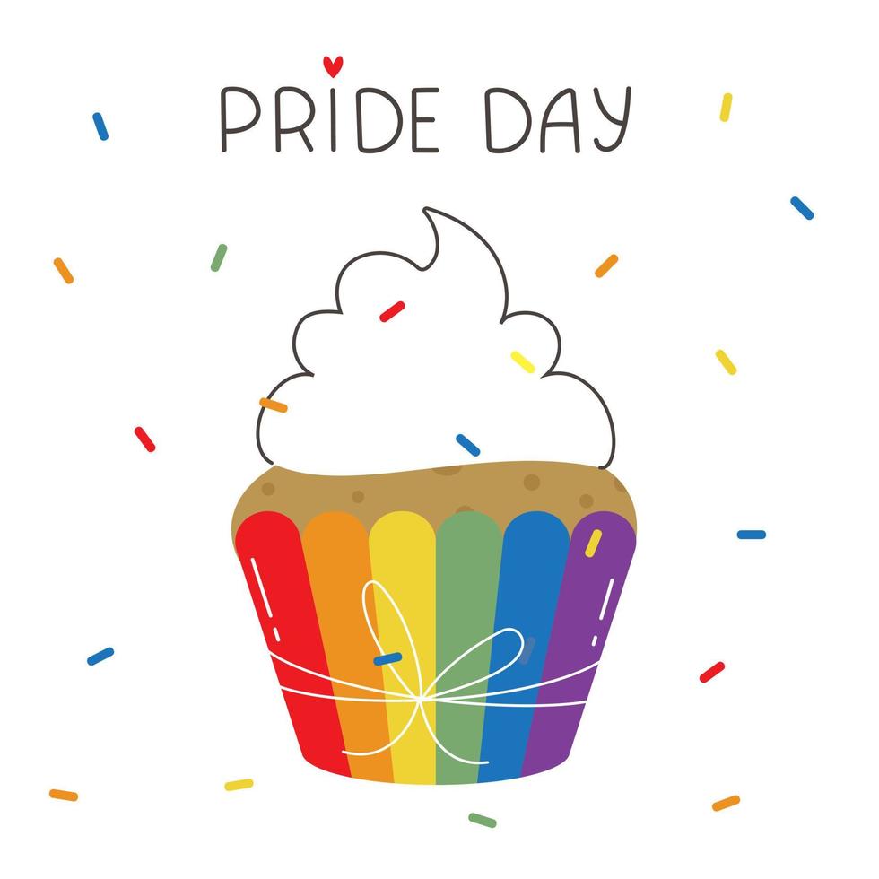 Abstract logo in the form of a cupcake in rainbow wrapping and confetti. Human rights and tolerance. Vector illustration isolated on white background.