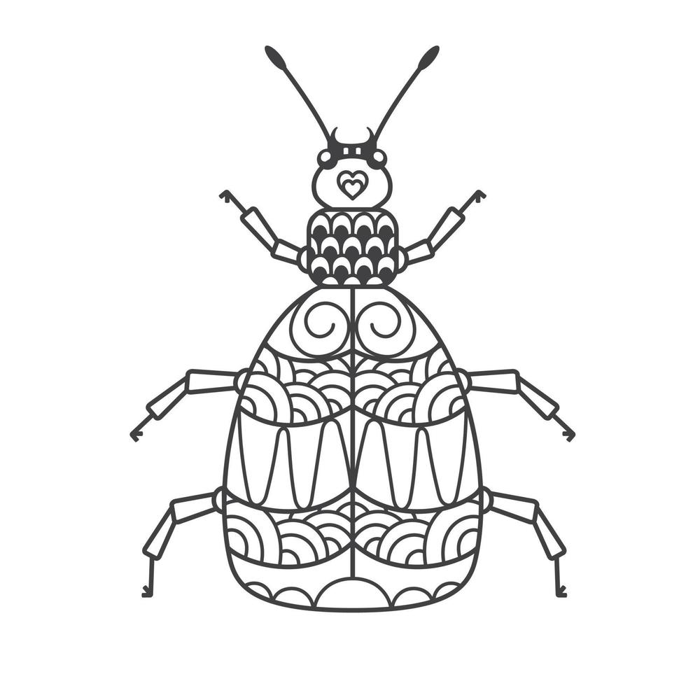 A predatory beetle with scaly wings in doodle style. The hand drawn illustration can be used for children's or adult coloring books. Isolated image on a white background. vector