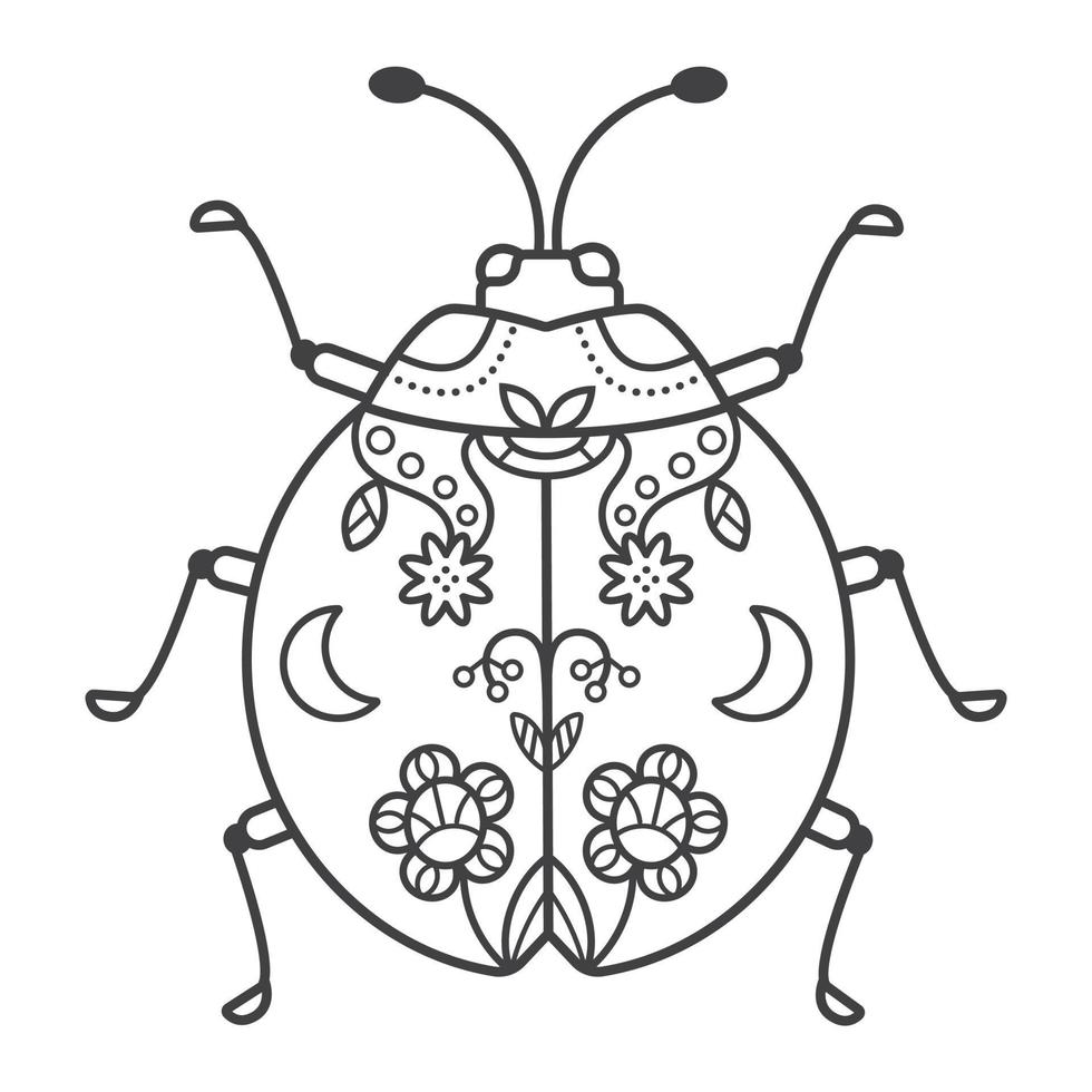 Beautiful ladybug in doodle style. The hand drawn illustration can be used for children's or adult coloring books and for tattoos. Isolated image on a white background. vector