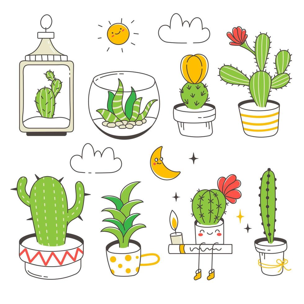 Cute cacti set. The design is perfect for stickers or cards. Vector isolated illustration on a white background.