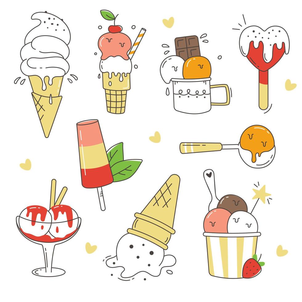 A set of ice cream illustrations in the style of doodles. Nine icons drawn by hand. Sweet food for dessert. A refreshing treat. vector