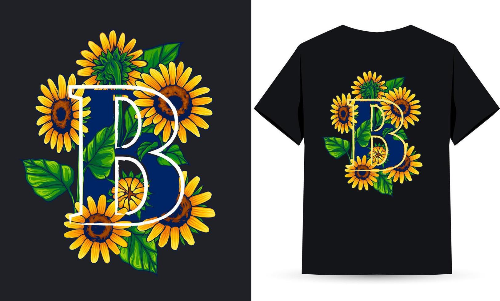 letra b alfabeto girasol e ilustración de verano adecuada para serigrafía de camisetas vector