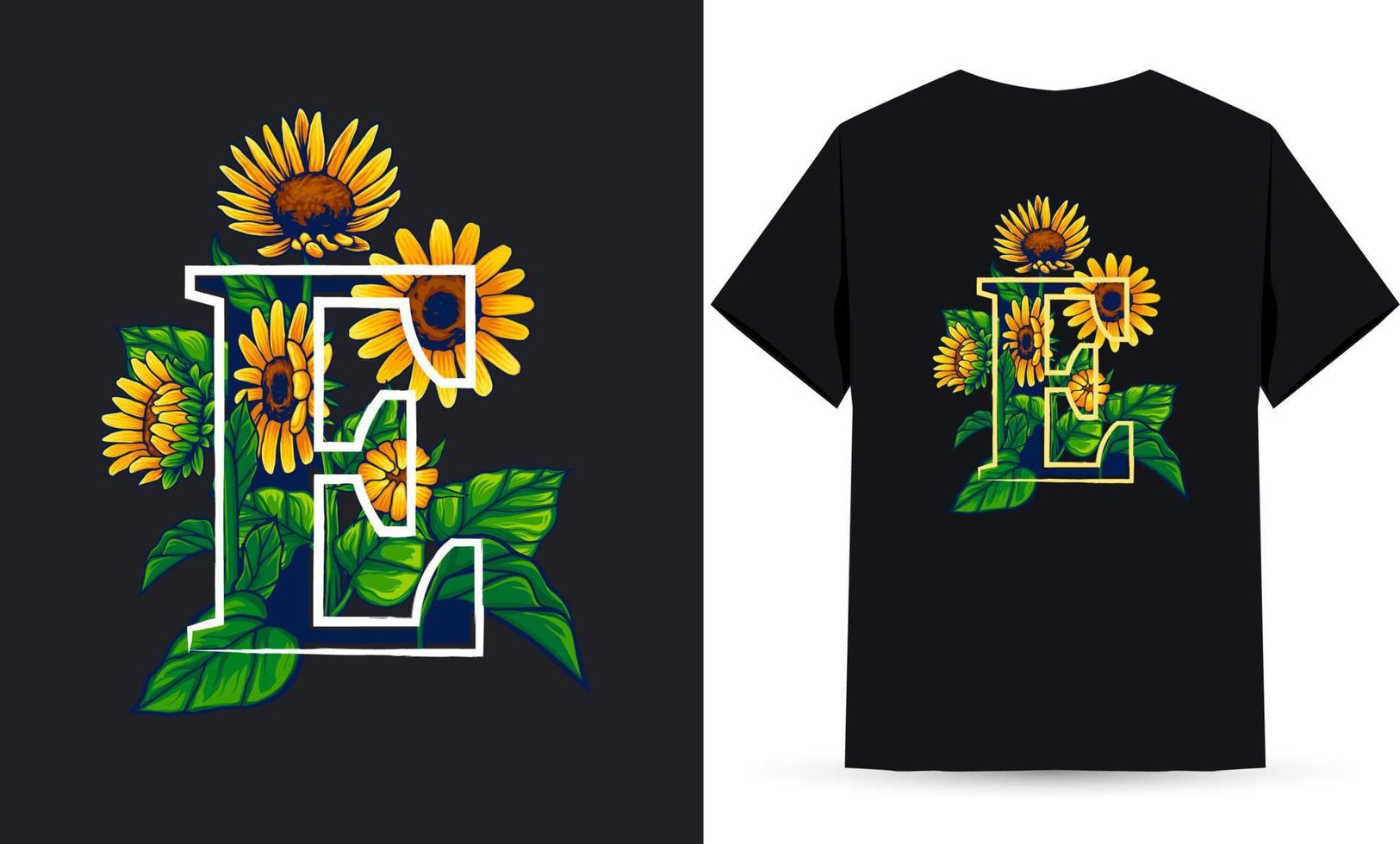 letra e alfabeto girasol e ilustración de verano adecuada para serigrafía de pantalones vector