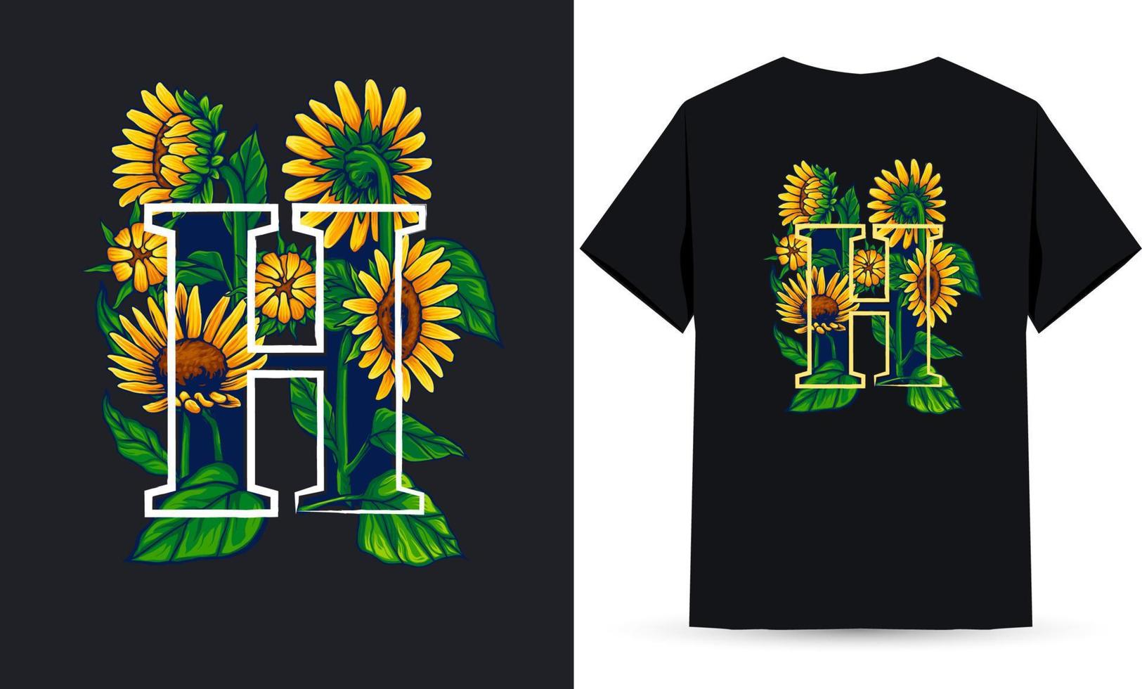 letra h alfabeto girasol e ilustración de verano adecuada para serigrafía de camisetas vector