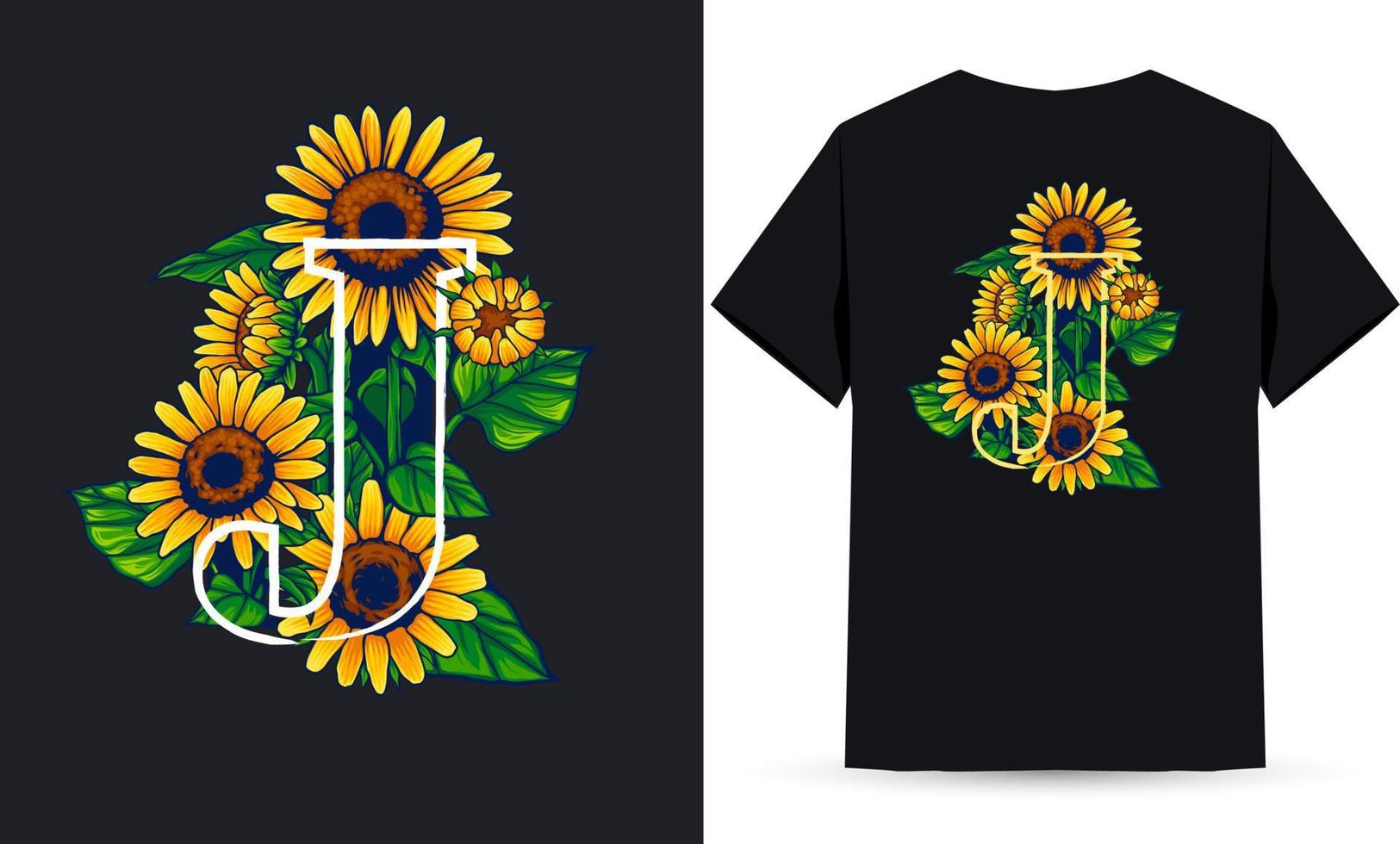 letra j alfabeto girasol e ilustración de verano adecuada para serigrafía de camisetas vector