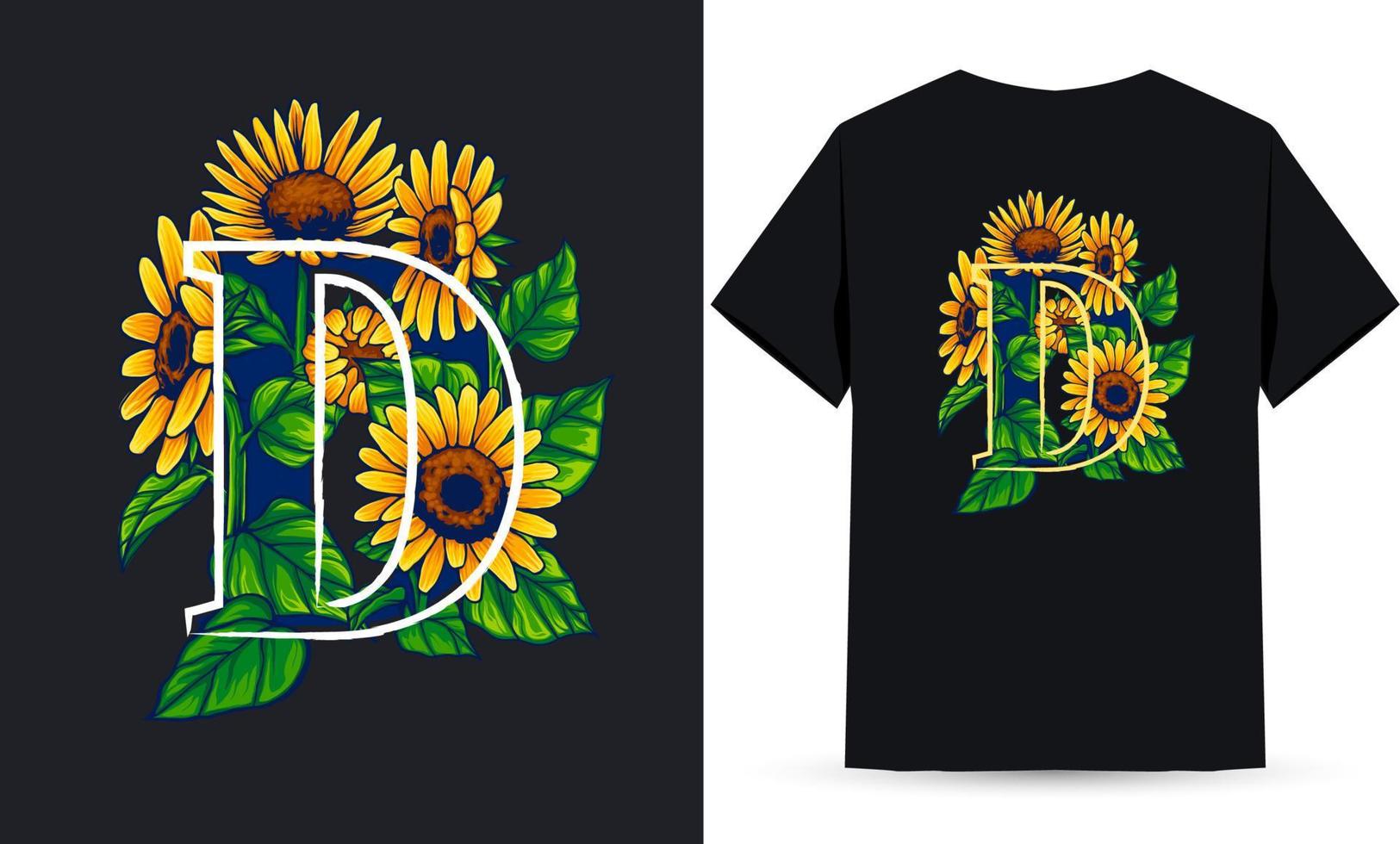 letra d alfabeto girasol e ilustración de verano adecuada para serigrafía de camisetas vector