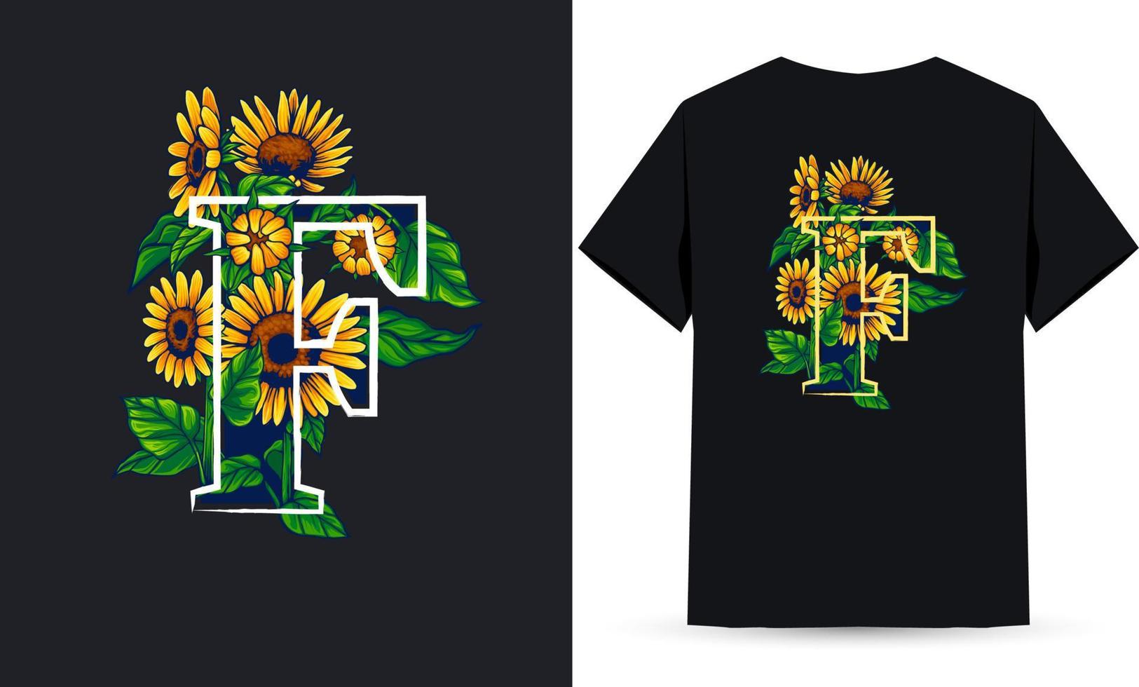 letra f alfabeto girasol e ilustración de verano adecuada para serigrafía de camisetas vector