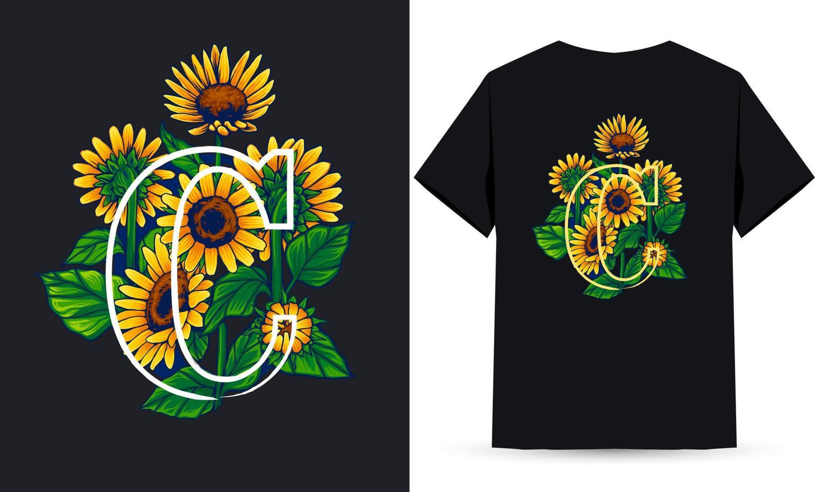 letra c alfabeto girasol e ilustración de verano adecuada para serigrafía de camisetas vector