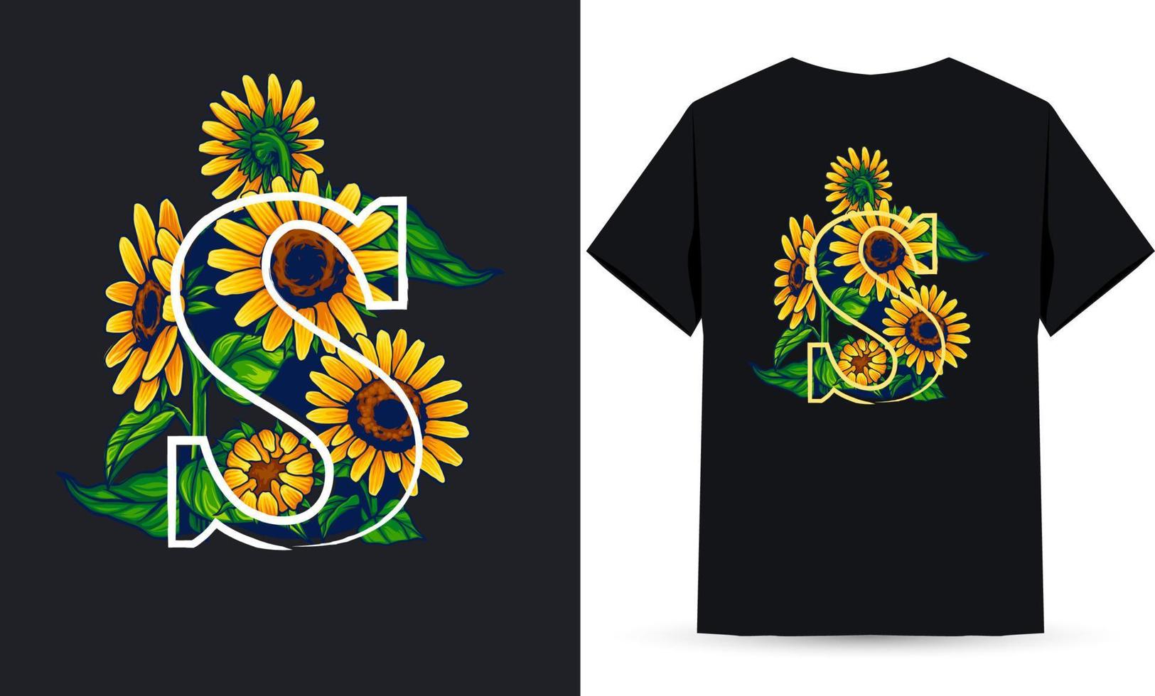 letra s alfabeto girasol e ilustración de verano adecuada para serigrafía de camisetas vector